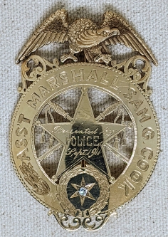 Stunning Old West 1911 San Antonio Texas Assistant Marshall Badge in 14K Gold with Diamond